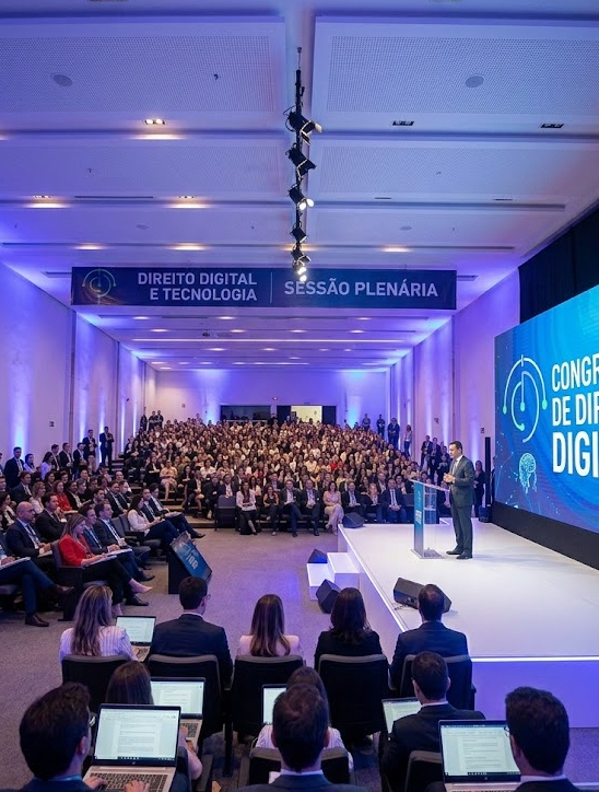 Palco de conferência com iluminação azul