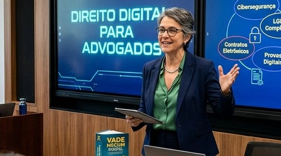 Professora apresenta aula sobre direito digital para advogados